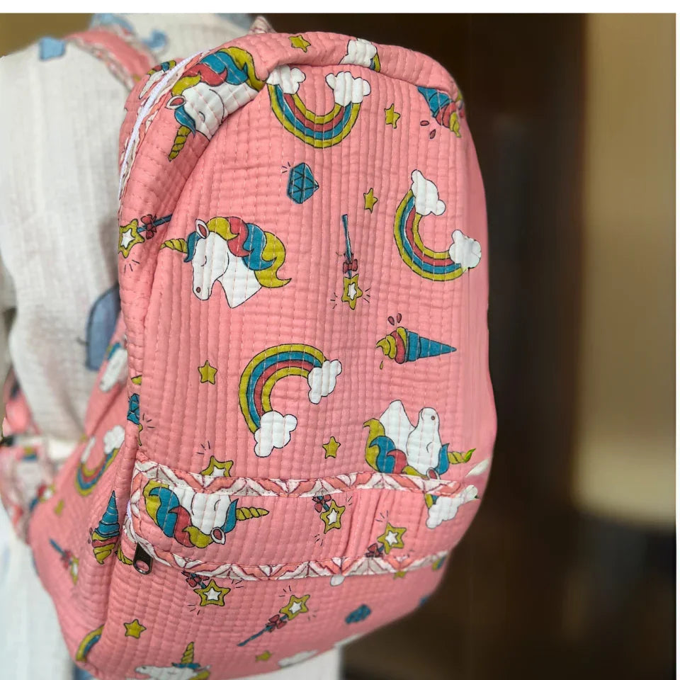 Peach Unicorn Cotton Kids Backpack