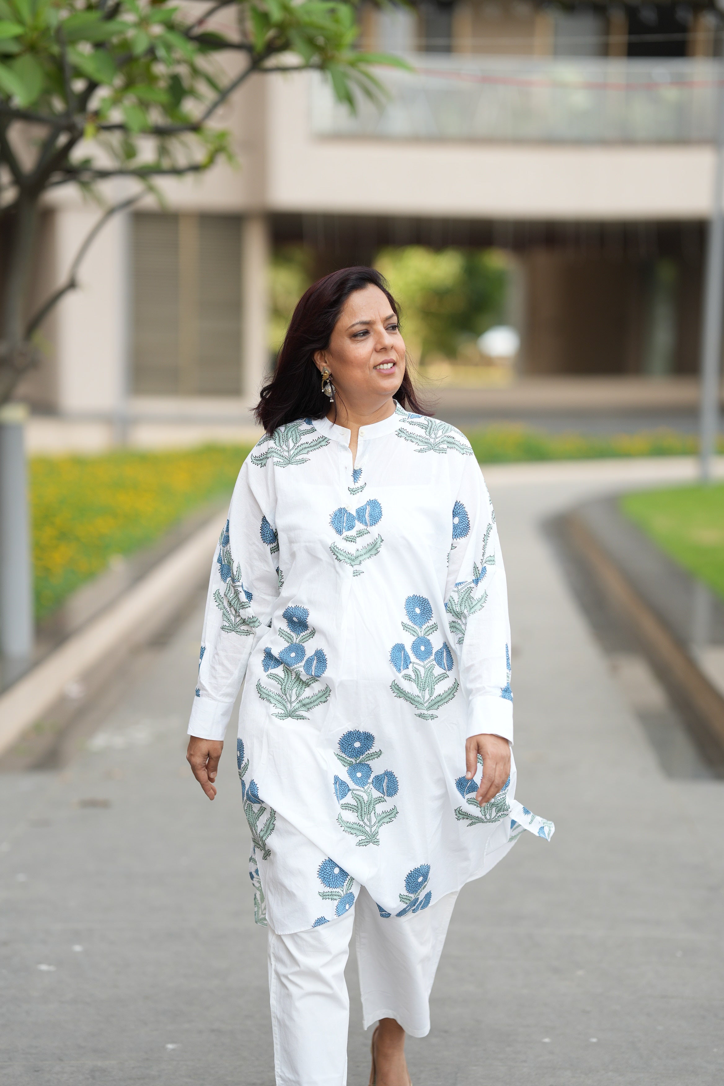 Blue Wildflower Handblock Boxed Style Kurta Set