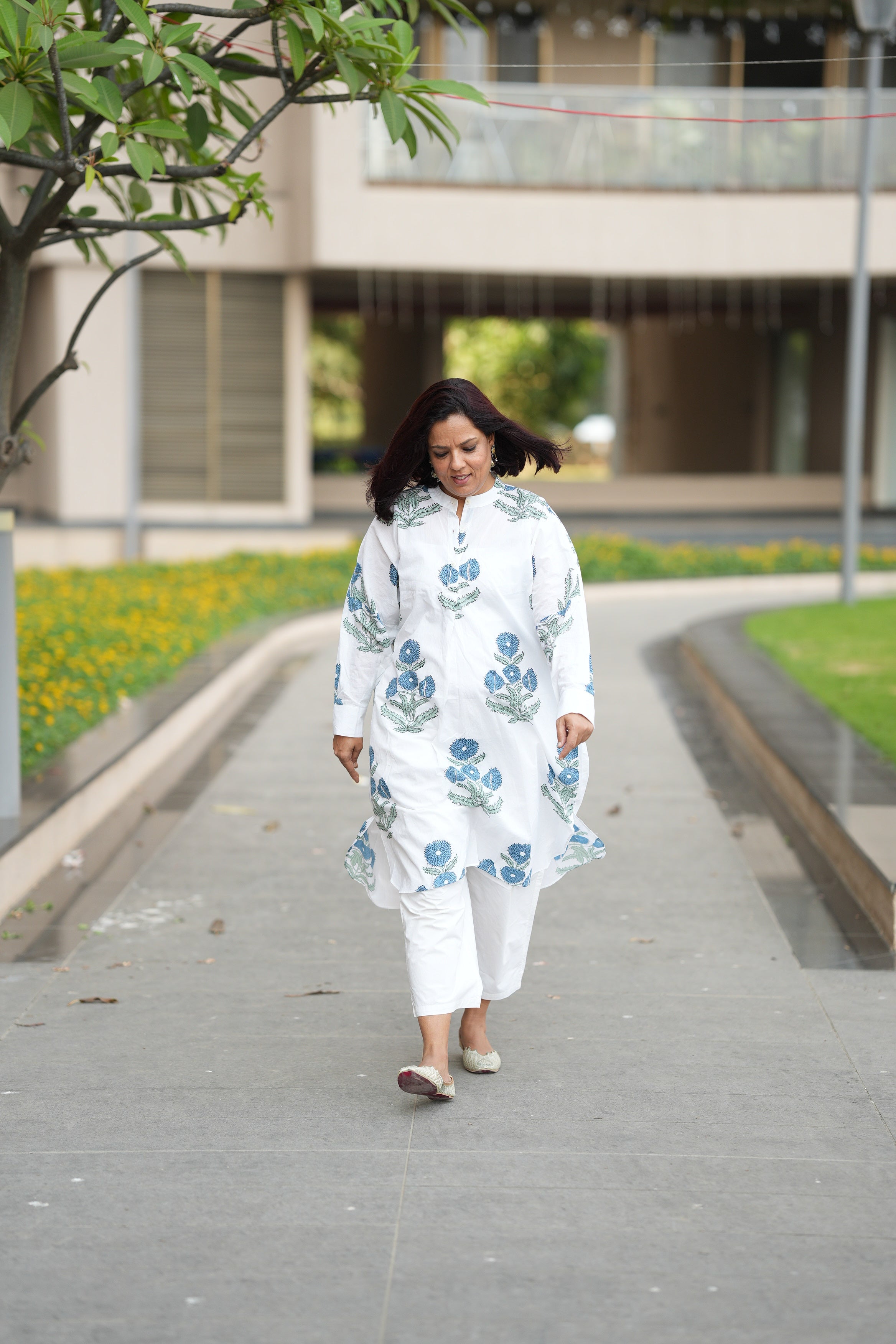 Blue Wildflower Handblock Boxed Style Kurta Set