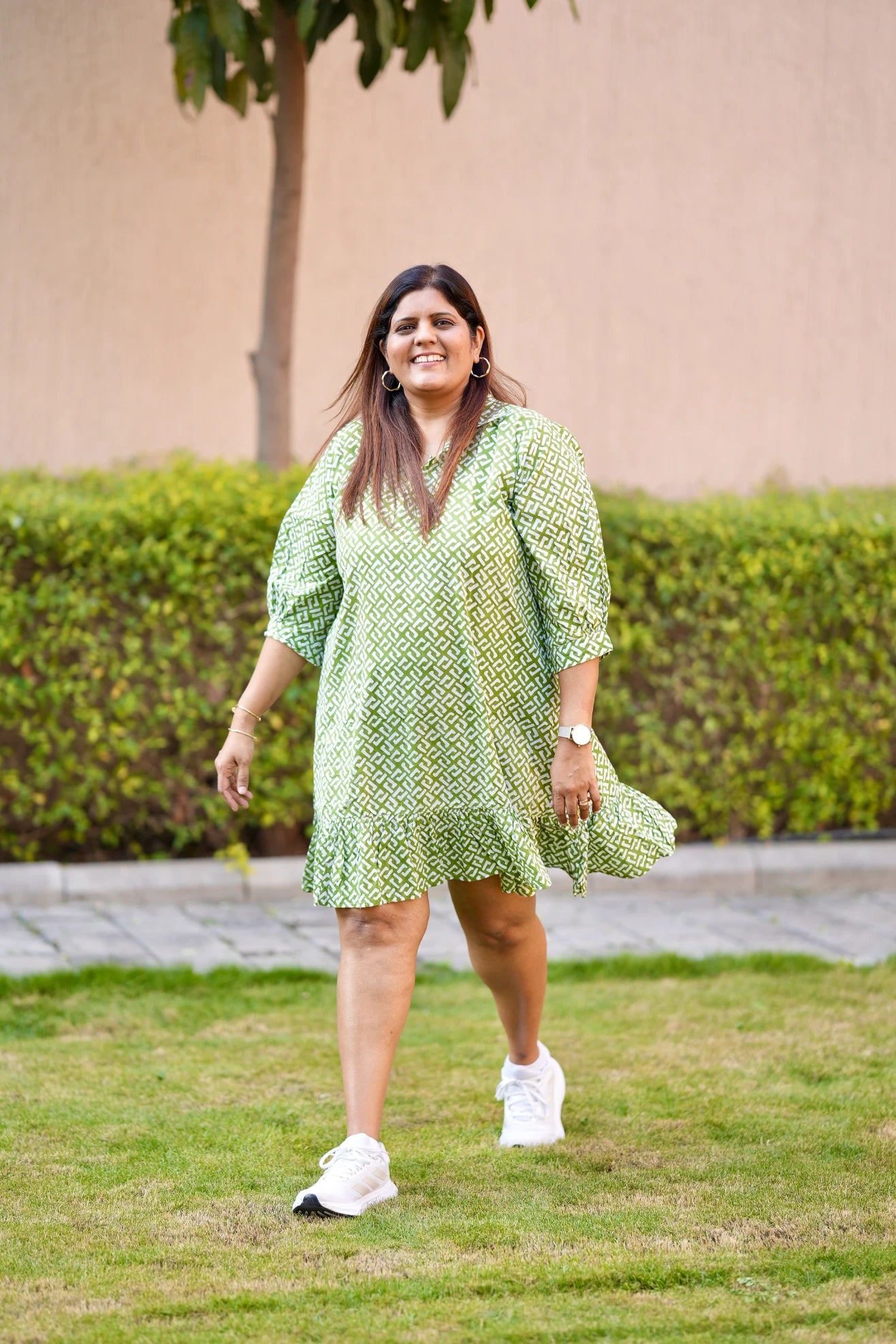 Green Handblock Printed Cotton Casual Dress