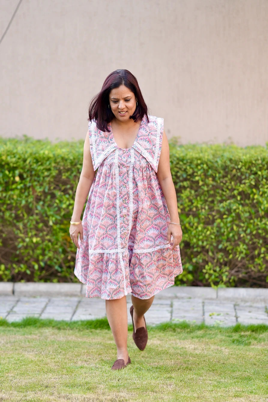 Pink Hand Block Printed Cotton Sleeveless Summer Dress