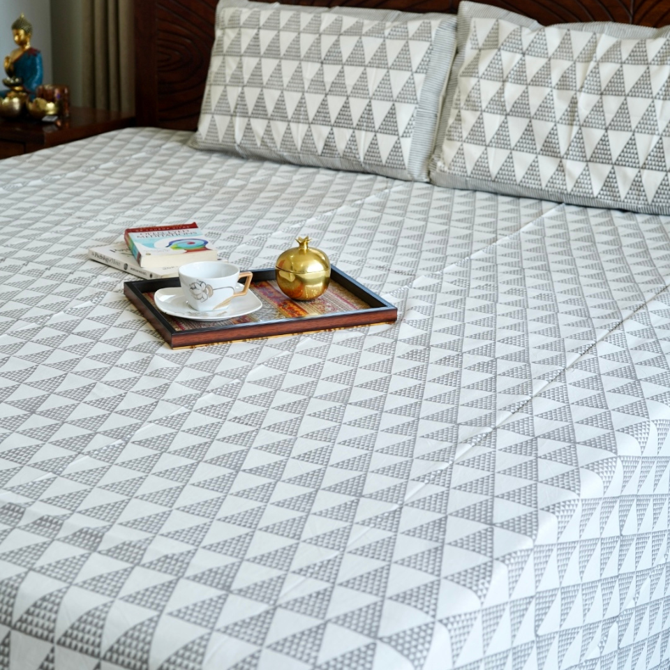 Grey Triangle HandBlock Printed Bedsheet Set
