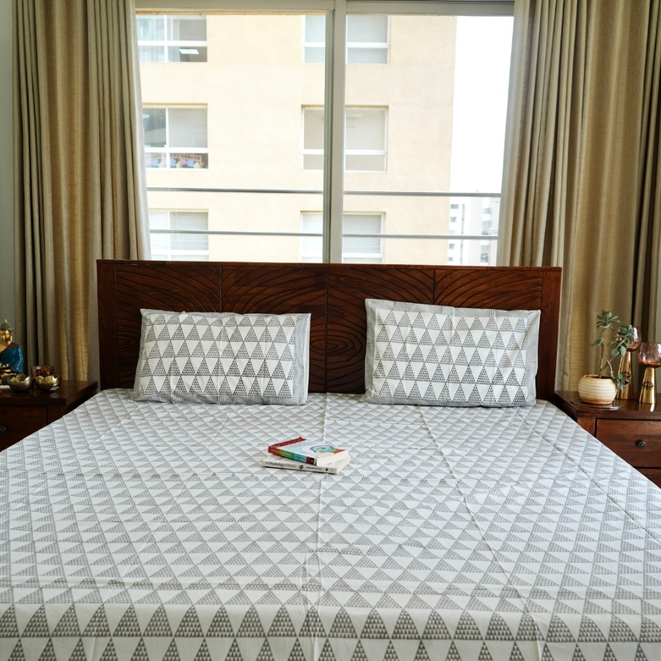 Grey Triangle HandBlock Printed Bedsheet Set