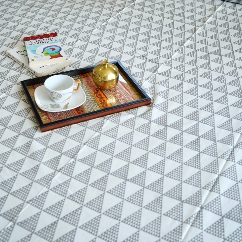 Grey Triangle HandBlock Printed Bedsheet Set