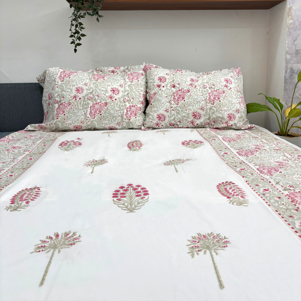 Gulab Bagh Handblock Cotton Bedsheet Set