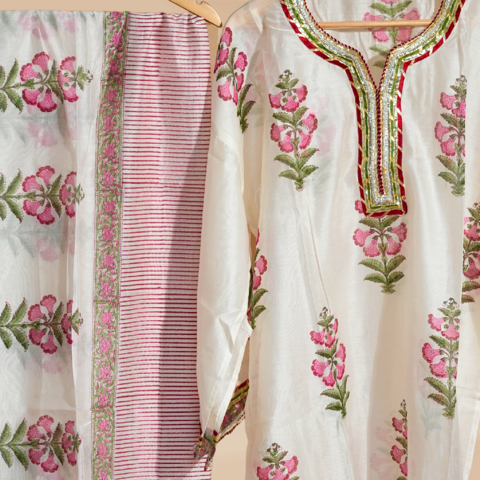 Ruhani Rose Ivory Chanderi Suit Set