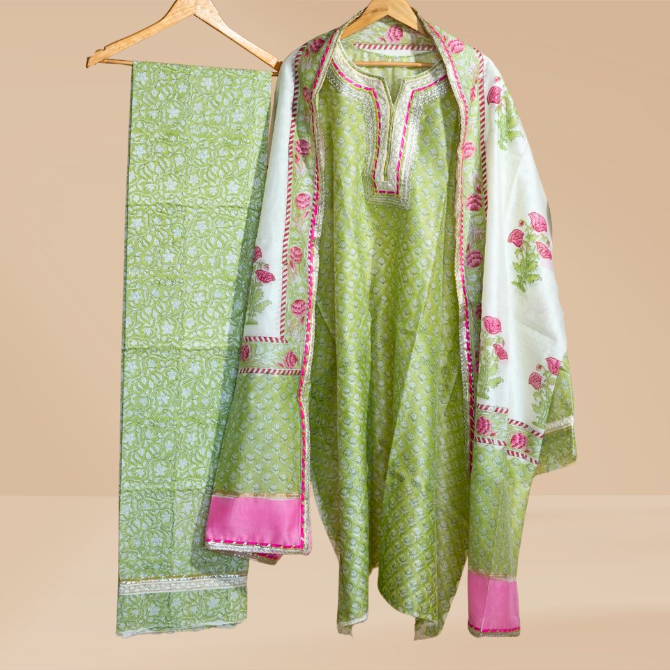 Vasudha Green Bloom Chanderi Suit Set