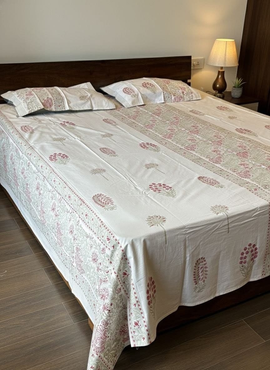 Gulab Bagh Handblock Cotton Bedsheet Set